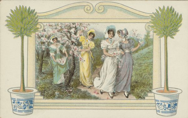 Spring postcard of women wearing pastel dresses, picking cherry blossoms. The scene is within an architectural themed frame with a potted tree on either side. Chromolithograph and embossed.