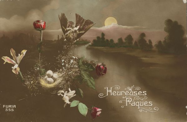 Easter postcard with a bird, bird's nest and flowers. In the background is a country scene with a river and the moon partially behind clouds. Text on front reads: "Heureuses Paques (Happy Easter)." The font is very ornate.