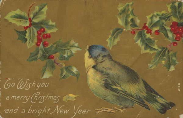 Christmas and New Years postcard with a Bluebird and holly on a metallic gold background. The text: "To Wish you a merry Christmas and a bright New Year" is reversed in the lower left corner. Chromolithograph and embossed.