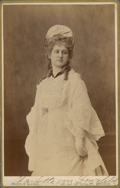 Carte-de-visite portrait of Georgiana Yates Cramer ("Mrs. Jno L Cramer," according to caption), in costume as Charlotte von Lengefeld, wife of Friedrich Schiller.