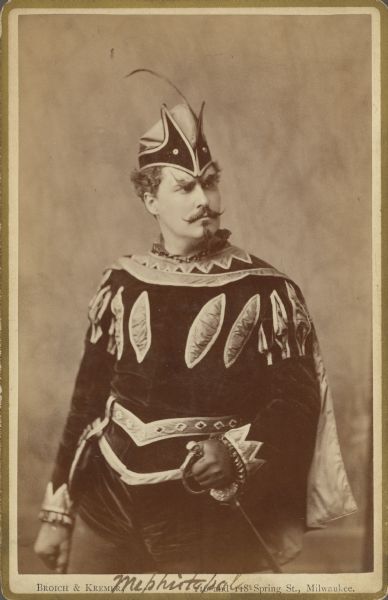 Carte-de-visite portrait of Jim [James] Whaling, in costume as Mephistopheles from Johann Wolfgang von Goethe's play <i>Faust</i>.