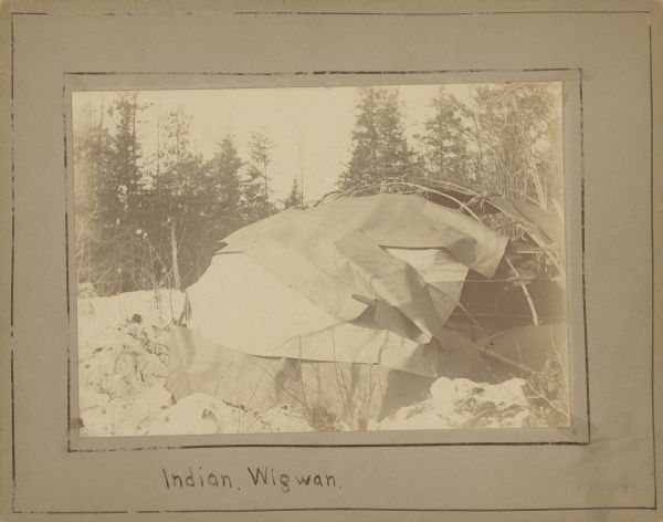 Wigwam\wiigiwaam that is partially uncovered, outdoors on snow-covered ground with trees in the background.