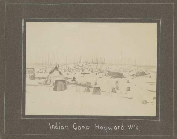 View of multiple structures in winter, with bare trees and stumps among them. A wigwam/wiigiwaam is visible in the distance, and a tipi is closer. A log structure is also present.