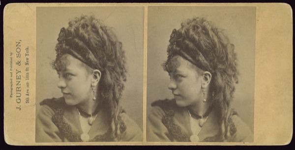 Stereographic profile portrait of a young woman. Card reads: "Photographed and Published by J. GURNEY & SON, 5th Ave. cor 16th St. New York."