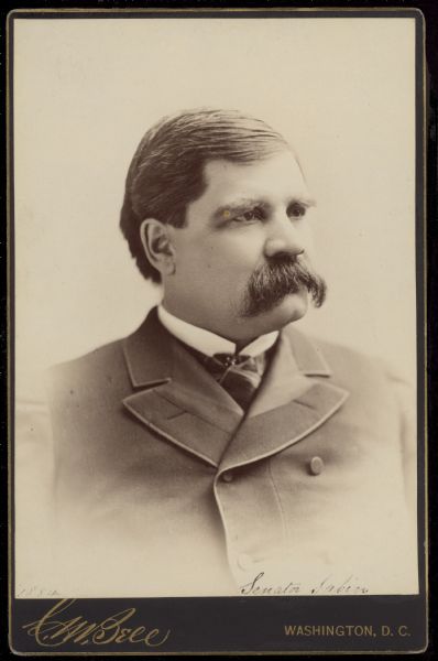 Vignetted carte-de-visite portrait of Dwight May Sabin, a Republican U.S. Senator from Minnesota.