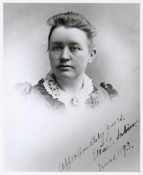 Portrait of Ellen Clara Sabin, while she was president of Downer College. It is signed: "Affectionately yours, Ella C. Sabin. Xmas, 1893."