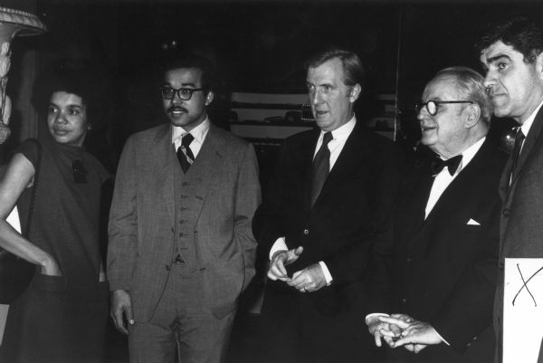 Group portrait of one woman and four men posing together. Caption reads: "NY RDD 3/1971. L to R: Marian Wright Edelman [civil rights activist and Yale board of trustees member], Joseph Rhodes [PA Representative and NEH advisor], Gov. of Ohio John Gilligan, Patrick Gorman of Meatcutters and Butcher Workmen, Victor Gotbaun of SCME."
