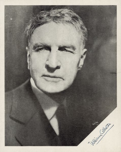 Actor's headshot of stage and early film actor William Gillette, best remembered for his portrayal of Sherlock Holmes. Signature bottom right.