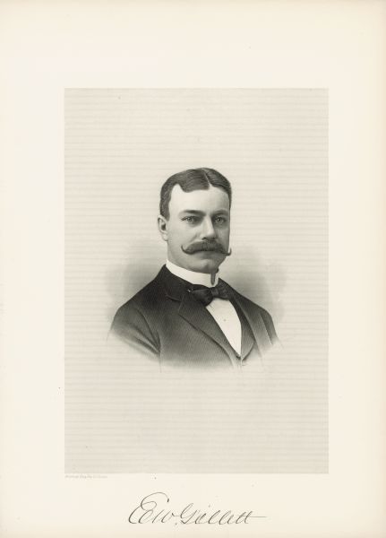 Lithograph portrait of Egbert W. Gillett, who wrote <i>Gillett's magic cook book</i> in 1892 and founded the Northwestern Yeast Company in Chicago in 1893. Signature below portrait.