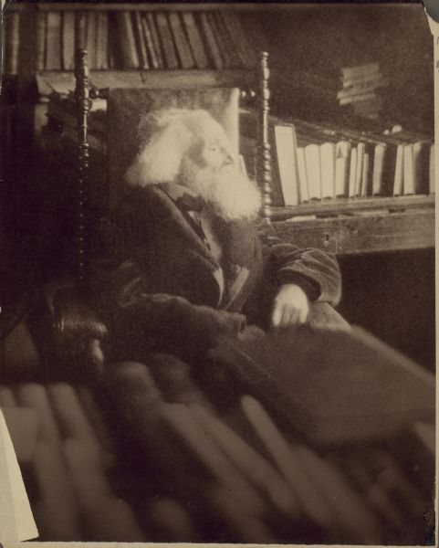 Portrait of Rasmus B. Anderson as an old man. He is seated and looking to his side. Behind him, a table is stacked with books. Another collection of books is out of focus in the foreground.
