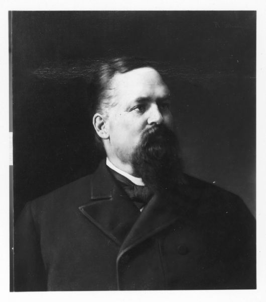 Photograph of an oil painting portrait of Franklin Leander Gilson, a lawyer, judge, and Republican politician. Painting was made by Robert Schade in 1883, after Gilson had been Speaker of the Wisconsin State Assembly.