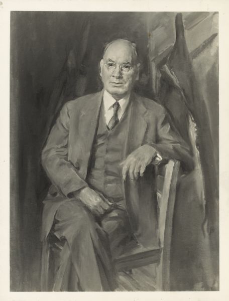 Caption reads: "Photograph of oil portrait of Prof. John L. Gillin painted by Christian Abrahamsen. Unveiled at Gillin farewell dinner at the Memorial Union, Friday, May 28, 1942." 