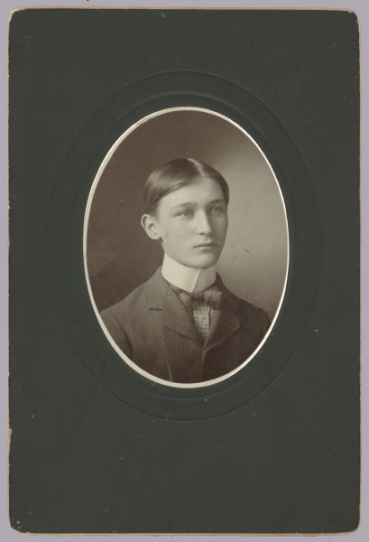 Oval-framed quarter-length portrait of Johan A. ("J.A.") Aalberg, a member of the Typographical Union No. 106, and editor and publisher of <i>The Madison labor news</i>.