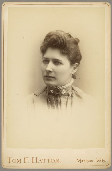 Vignetted quarter-length carte-de-visite of Laura L. Miller, who graduated from Sparta High School in 1887, attended U.W. Madison, and became an educator at the Maintenance Normal School of Montana.
