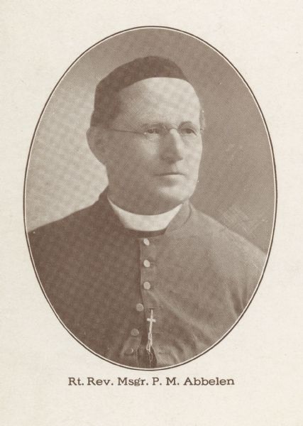 Oval-framed quarter-length portrait of Reverend Monseigneur Peter Matthias Abbelen, who was vicar general of the Archdiocese of Milwaukee, and later spiritual director for the School Sisters of Notre Dame. He petitioned the Vatican in 1886 to recognize German-speaking parishes in the United States in parallel with English-speaking parishes, but the Sacred Congregation for the Propagation of the Faith ruled against him. In 1892 he wrote a biography of the Venerable Mother M. Caroline Friess, first commissary general of the School Sisters of Notre Dame in America, entitled <i>Die ehrwürdige Mutter Maria Carolina Friess, erste General-Commissärin der Schulschwestern von Notre Dame : ein Lebens- und Charakter- Bild</i>.