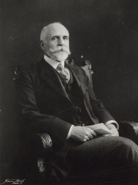 Seated portrait of Edwin Hale Abbot, during his time as a practicing lawyer in Boston. Abbot was an attorney on the 1869 Alabama Claims. He later became director and solicitor general of the Wisconsin Central Railway. He moved to Milwaukee and served as president of the Railway from 1876 to 1890.