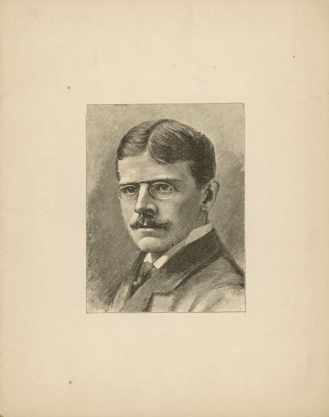Pencil sketch portrait of Edwin Austin Abbey, a muralist, illustrator, and painter. He began painting a series of murals for the Pennsylvania State Capitol in 1908, but his failing health forced him to take a supervisory role; the murals were completed by William Simmonds and John Singer Sargent.