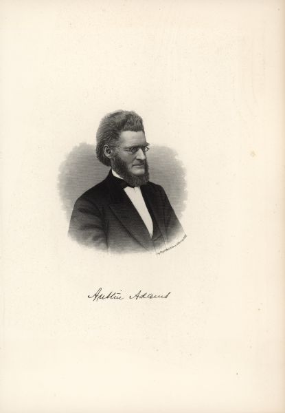 Lithographic portrait of Austin Adams, a lawyer who became an Iowa Supreme Court justice (1876-1892), Chief Justice of the Iowa Supreme Court (1880-1892), and regent of the State University of Iowa, where he also lectured on the subject of law (1875-1892). He organized the Dubuque Library Association, the Round Table philosophy club (1864-1884), and was the first chief justice of Iowa to allow women to practice law before the State Supreme Court.