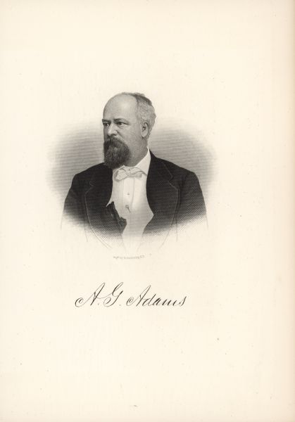 Lithographic portrait of the Honorable Abraham G. Adams, a boot and shoe salesman in Burlington, IA. His success in business led him to invest in the development of Burlington as a growing city. In 1878 he was elected Mayor of Burlington, which office he held until his death in 1887.