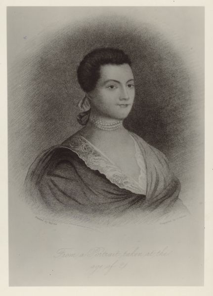 Oliver Pelton engraving of a Benjamin Blyth painting of Abigail Adams, wife of President John Adams.