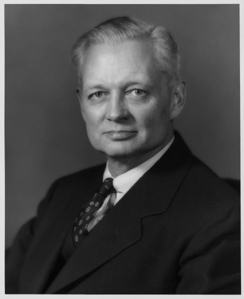 Portrait of Sherman Adams, World War I Marine Corps veteran, Republican Member of the U.S. House of Representatives from New Hampshire's 2nd district (1945-1947), 67th Governor of New Hampshire (1949-1953), and 2nd White House Chief of Staff (1953-1958). 