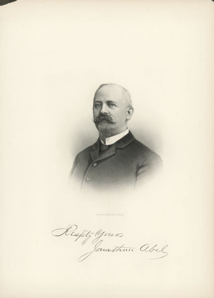 Lithographic portrait of a man. Includes the dedication: "Resp'ty Yours Jonathan Abel."