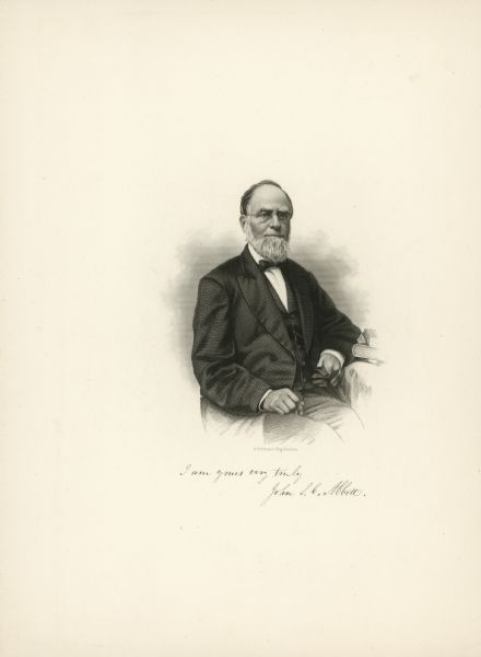 Lithographic portrait of John S. C. Abbott, an American historian, and pastor. He was the author of <i>The Mother at Home</i>, <i>The History of the Civil War in America</i>, and <i>The History of Napoleon Bonaparte</i>, among other religious or historical works. Lithograph includes a dedication: "I am yours very truly, John S. C. Abbott."