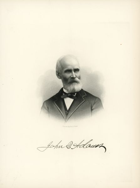 Lithographic portrait of John Q. Adams, a teacher and Republican politician. He was Member of the Wisconsin State Assembly from the Columbia 2nd district (1853-1854, 1863-1864) and Member of the Wisconsin Senate from the 25th district (1854-1857).