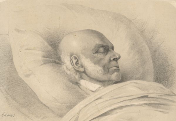 Lithographic portrait of John Quincy Adams, 6th President of the United States (1825-1829) on his deathbed.