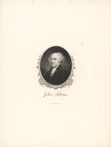 Oval-framed lithographic portrait of 2nd United States President John Adams, with a decorative border.