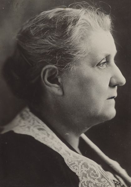Profile portrait of Jane Addams, a social worker, political activist, and author. She was a co-founder of Chicago's Hull House, as well as the American Civil Liberties Union. She was the first woman to win the Nobel Peace Prize.