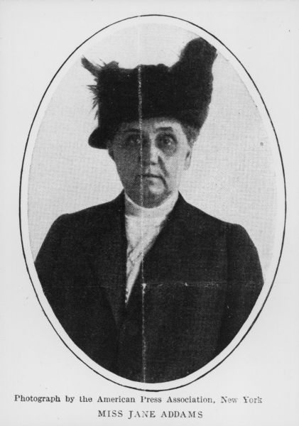 Oval-framed, waist-up portrait of Jane Addams, a social worker, political activist, and author. She was a co-founder of Chicago's Hull House, as well as the American Civil Liberties Union. She was the first woman to win the Nobel Peace Prize.