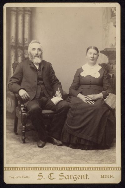 Seated carte-de-visite portrait of William Askew Addington and Adaline Amanda Kelly Addington. William was drafted into the Confederate army in his 40s. After the Civil War he moved to the North.
Caption on back reads: "Mr. & Mrs. Wm A Addington - one of the Southern families who founded Alabama, Wis. and built the M.E. Church there. Alabama was the first pastorate of Rev. Geo. Brown, 1887-1888. He was entertained by this hospitable family for a few days upon first going to the charge."