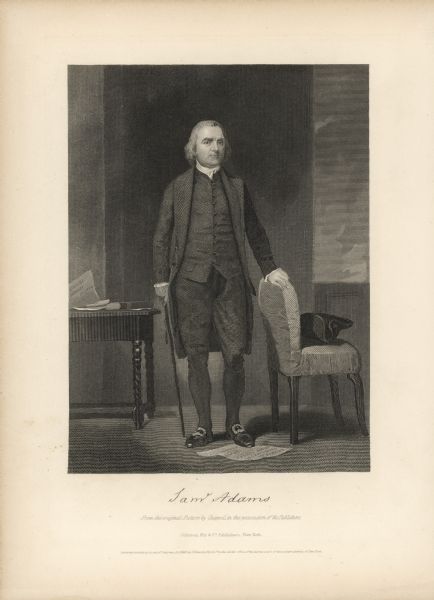 Engraved full-length portrait of Samuel Adams, a Founding Father of the United States and 4th Governor of Massachusetts (1792-1794).