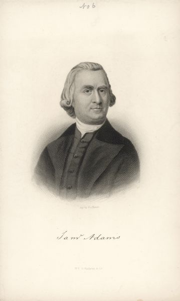 Vignetted quarter-length engraved portrait of Sam Adams.
