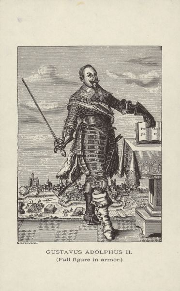 Lithographic portrait of Swedish king Gustavus Adolphus II, depicted in full armor, with his sword drawn and his left hand on a book that reads: "Pro-Religione."