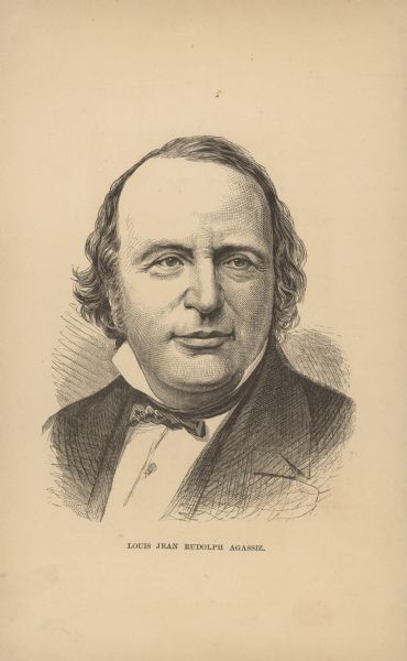 Engraved head and shoulders portrait of Jean Louis Rodolphe Agassiz, a biologist and geologist known for his studies of Earth's natural history.