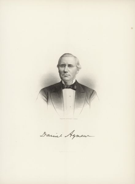 Engraved lithographic quarter-length portrait of Daniel Agnew, Chief Justice of the Supreme Court of Pennsylvania, 1873-1879, and author of the 1887 book <i>A History of the Region of Pennsylvania North of the Ohio and West of the Allegheny River, of the Indian Purchases, and the Running of the Southern, Northern and Western Boundaries</i>.