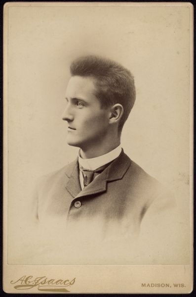 Vignetted profile carte-de-visite portrait of William Edward Aitchison, a University of Wisconsin student who graduated in 1884. After graduation he worked in the abstract department of J. W. Squire, in Council Bluffs, IA, until his death in 1898.
