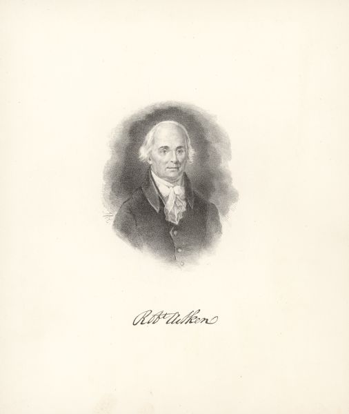 Engraved lithographic portrait of Robert Aitken, a printer and the first to publish an English-language Bible in the United States, in 1782.