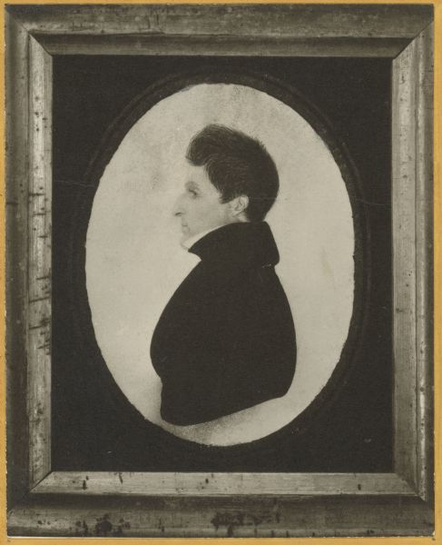 Painted profile portrait of Albert Alden, owner and ship master. He was the next to the youngest son of Captain John Alden of Portland, Maine. Caption reads: "Made from the tinted miniature of Grandfather Alden....the little painting is more than 100 years old. He was a young man, about 21 years old - or in his early 20's living in some one of the eastern cities." From letter of Caroline Brewster, March 10, 1944.