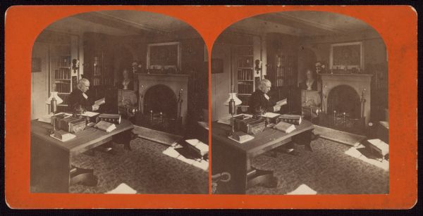 Stereographic image of Amos Bronson Alcott in his study. Alcott was an educator and philosopher, and a figure in the Transcendentalist movement. He created the Fruitlands commune. He was also the father of Louisa May Alcott.