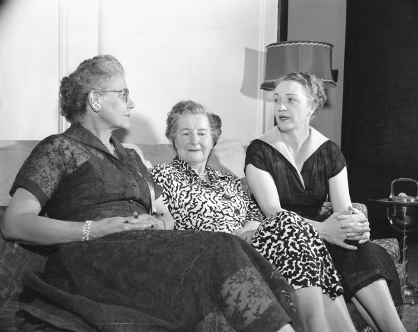 Caption reads: "Madison, Wis. Republican State Convention. Oveta Culp Hobby talking with two other women. Mrs. Hobby to the right."