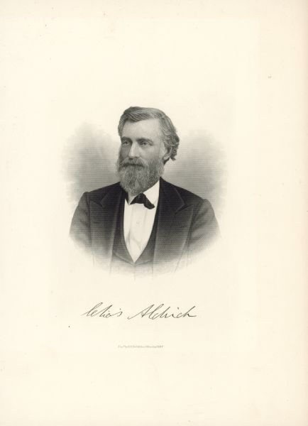 Engraved lithographic portrait of Charles Aldrich, a newspaper owner and writer and Free Soil Party member of the Iowa State Assembly from 1860-1882. He served as First Lieutenant and Adjutant of the Thirty-second Iowa Infantry during the Civil War. He was state and federal commissioner to investigate the Des Moines River Lands controversy.