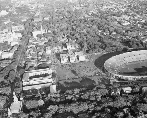 Caption reads: "Madison, Wis. Air view of football practice field and stadium of the University of Wisconsin."