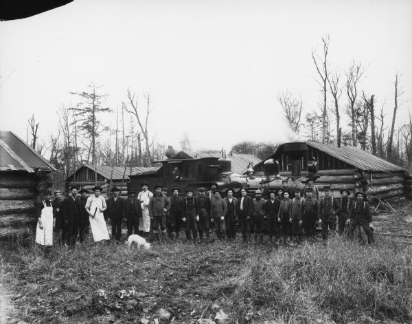A camp or settlement located along a railway in Iron County, WI. Residents and a dog are pictured in the foreground, with a locomotive in the background near log structures.