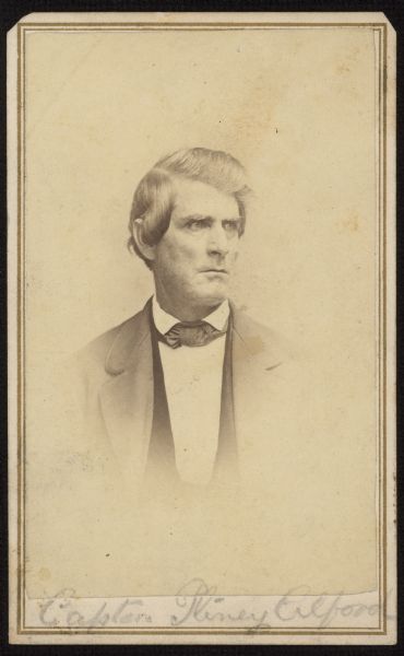 Vignetted waist-up carte-de-visite portrait of Pliney [some sources spell it "Pliny"] Alford, a riverboat captain on the Mississippi River. Caption reads: "First went on Miss. River as cabin boy, next became steward, then pilot. About 1851 built steamer 'White Cloud,' then bought stern wheeler 'Denny.' Entered employ of 'Northern Line Co.' and ran to St. Paul. Was on river all his life. Died in 1862."