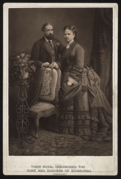 Carte-de-visite portrait of a reproduction of a painted portrait of Prince Alfred, Duke of Edinburgh, with his wife Grand Duchess Maria Alexandrovna of Russia, now Duchess of Edinburgh. Maria Alexandrovna was the only surviving daughter of Emperor Alexander II of Russia.