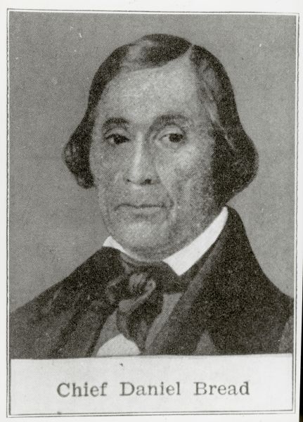 Head and shoulders portrait of Daniel Bread, an Oneida political leader who was known for collaboration and compromise with the United States government and other Indian nations, and who was instrumental in the establishment of the Oneida lands in Wisconsin.