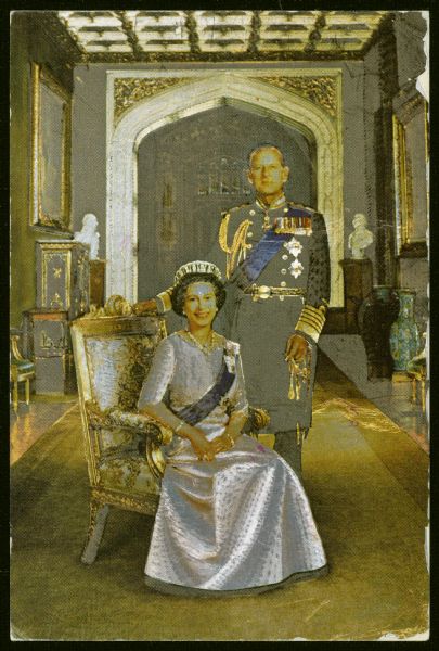Foil-covered portrait of Queen Elizabeth II of the United Kingdom and her husband Prince Philip, Duke of Edinburgh. The Queen is seated and wearing a tiara; the Prince is standing next to her in his dress uniform.